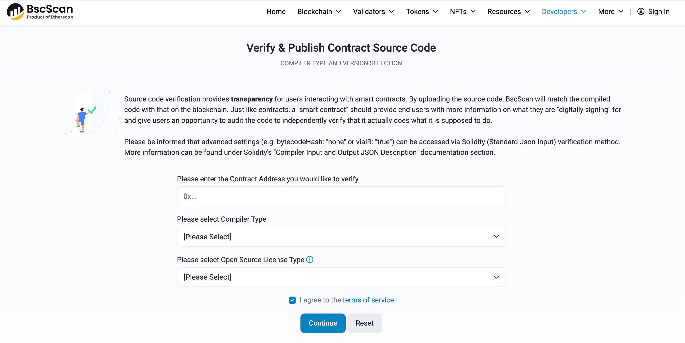 A screenshot of the BscScan smart contract verification landing page